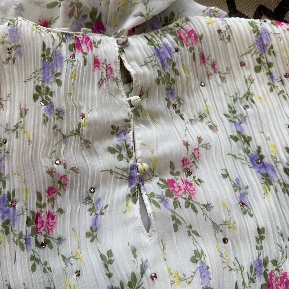 Judy Hornby I.Magnin Silk Floral Pleated Tiered Ruffle Dress 80s Art Deco Sz 14 - Picture 9 of 17